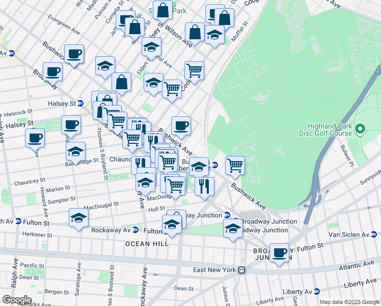 map of restaurants, bars, coffee shops, grocery stores, and more near Bushwick Ave & Granite St in Brooklyn