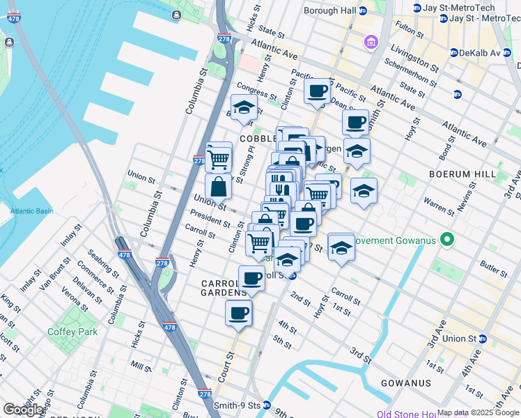 map of restaurants, bars, coffee shops, grocery stores, and more near 278 Sackett Street in Brooklyn