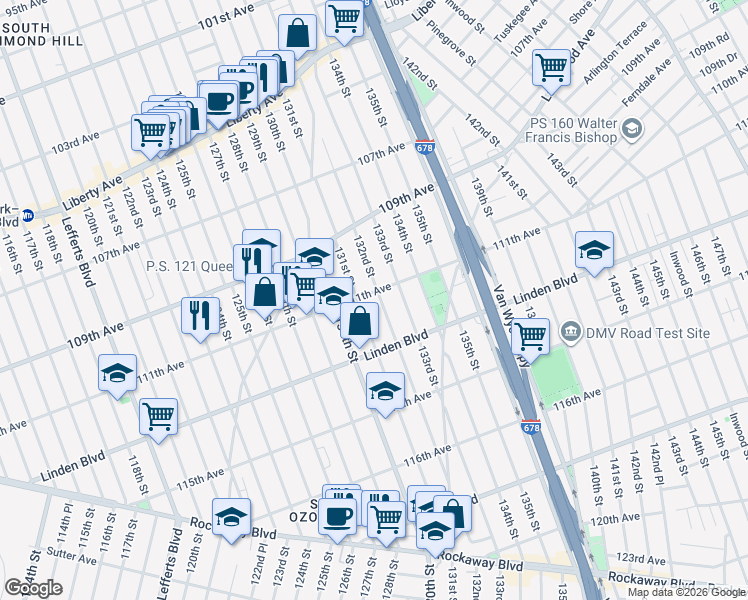 map of restaurants, bars, coffee shops, grocery stores, and more near 111-16 132nd Street in Queens