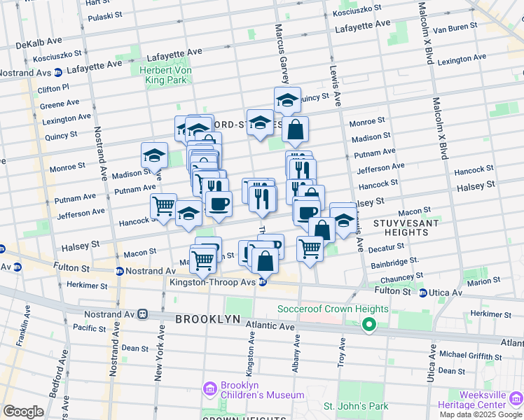 map of restaurants, bars, coffee shops, grocery stores, and more near 551 Throop Avenue in Brooklyn