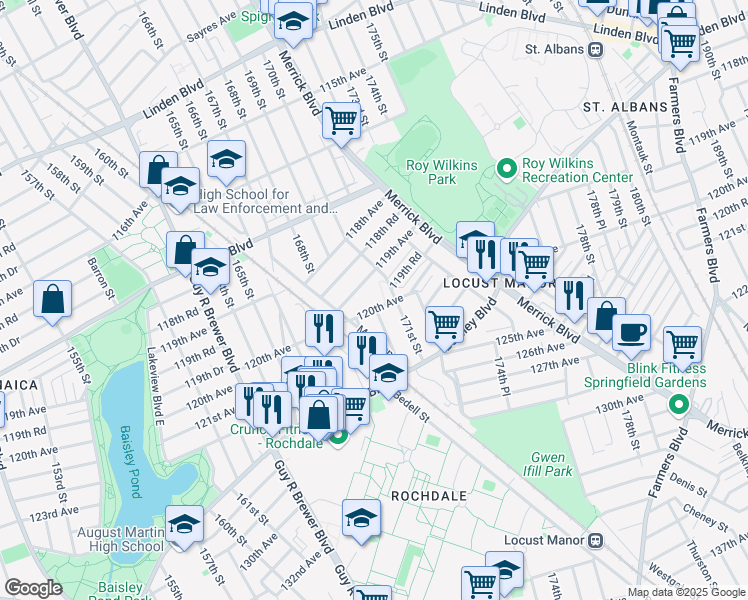 map of restaurants, bars, coffee shops, grocery stores, and more near 170-03 120th Avenue in Queens