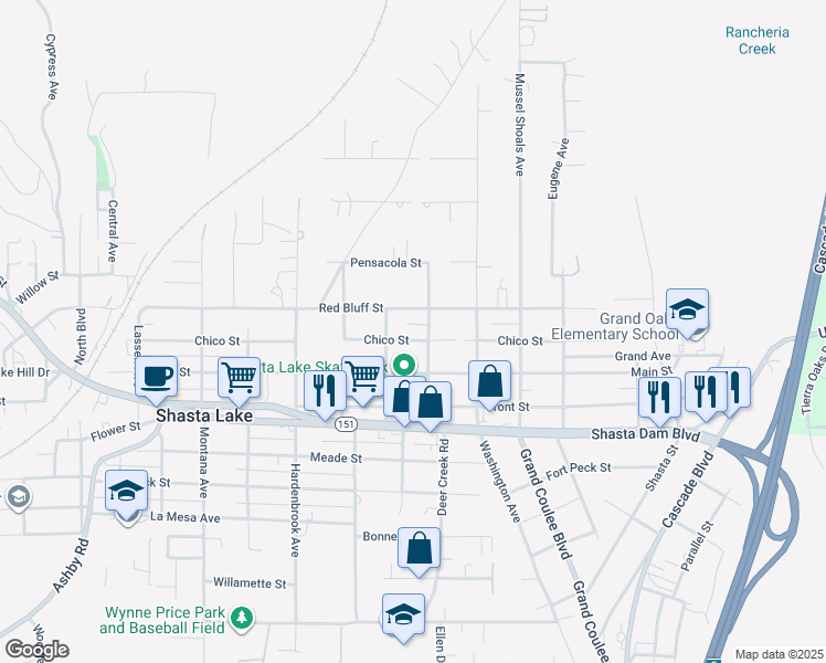 map of restaurants, bars, coffee shops, grocery stores, and more near 4627 Chico Street in Shasta Lake