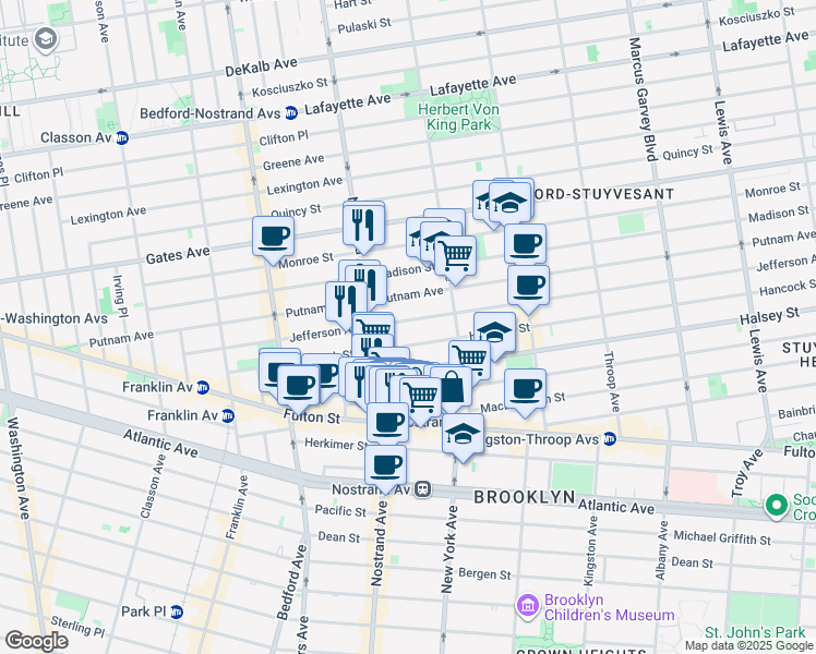 map of restaurants, bars, coffee shops, grocery stores, and more near 222 Jefferson Avenue in Brooklyn