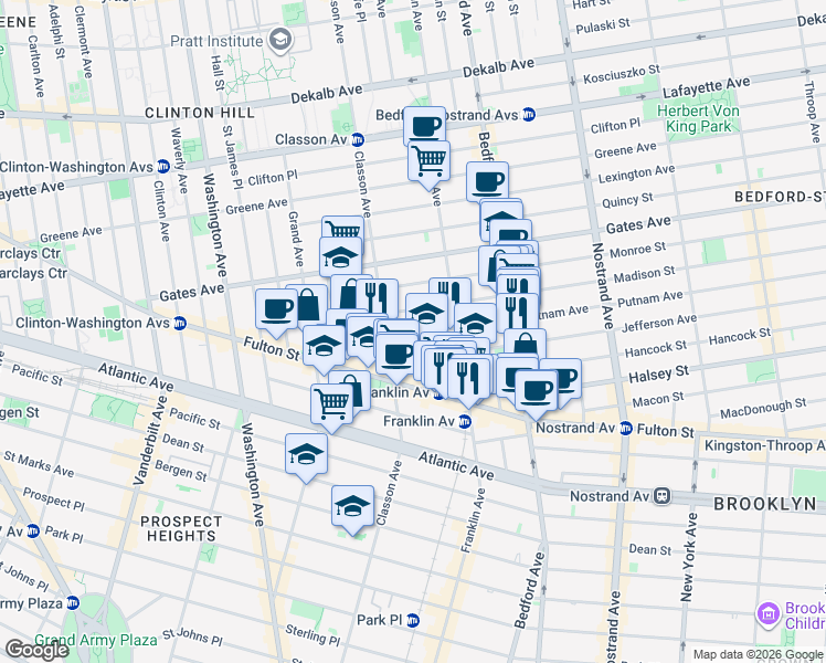 map of restaurants, bars, coffee shops, grocery stores, and more near 3 Claver Place in Brooklyn