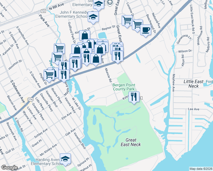map of restaurants, bars, coffee shops, grocery stores, and more near 45 Captains Drive in West Babylon