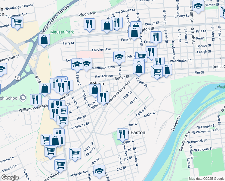 map of restaurants, bars, coffee shops, grocery stores, and more near 2000 Forest Street in Easton