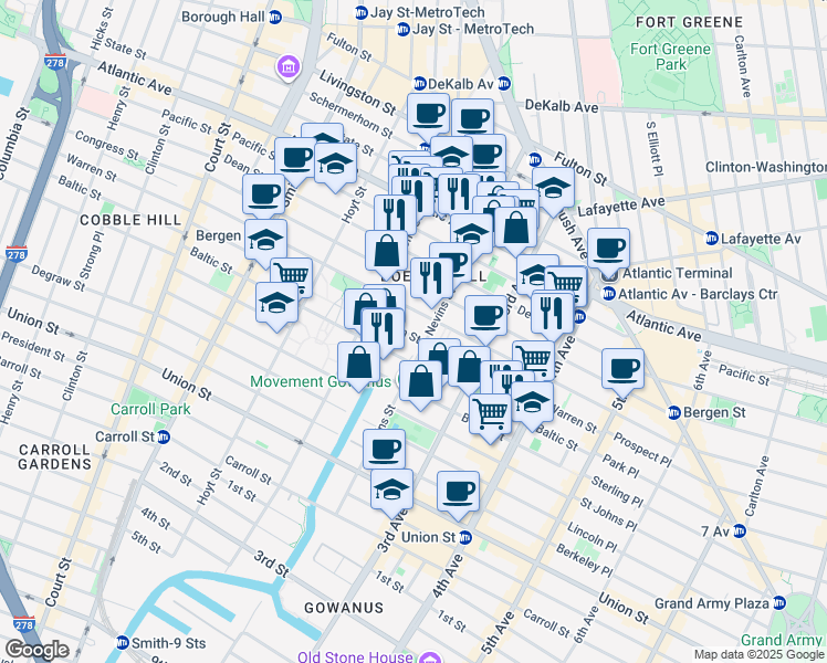 map of restaurants, bars, coffee shops, grocery stores, and more near 180 Nevins Street in Brooklyn