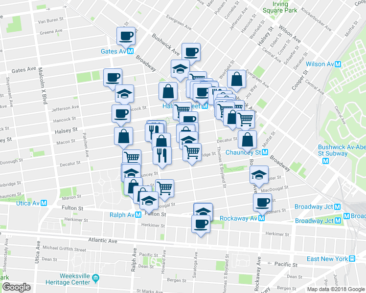 map of restaurants, bars, coffee shops, grocery stores, and more near Decatur Street in Brooklyn