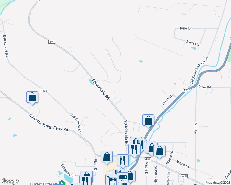 map of restaurants, bars, coffee shops, grocery stores, and more near 15120 Sprucevale Road in East Liverpool
