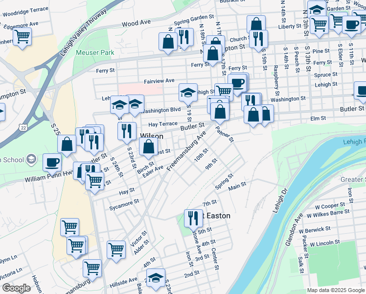 map of restaurants, bars, coffee shops, grocery stores, and more near 443 South 19 Street in Easton