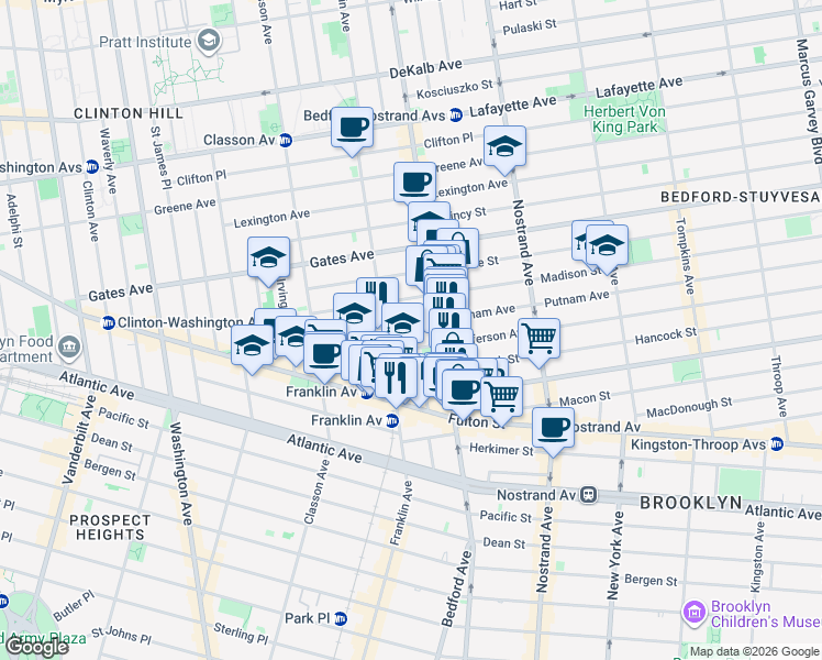 map of restaurants, bars, coffee shops, grocery stores, and more near 158 Putnam Avenue in Brooklyn