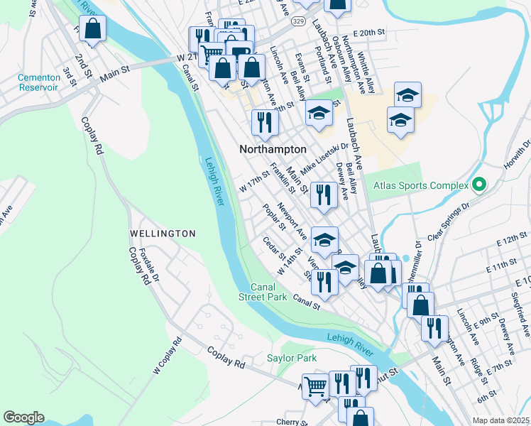 map of restaurants, bars, coffee shops, grocery stores, and more near 130 Stark Street in Northampton
