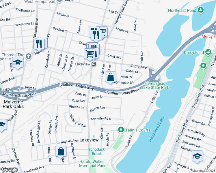 map of restaurants, bars, coffee shops, grocery stores, and more near 833 Sunshine Avenue in West Hempstead