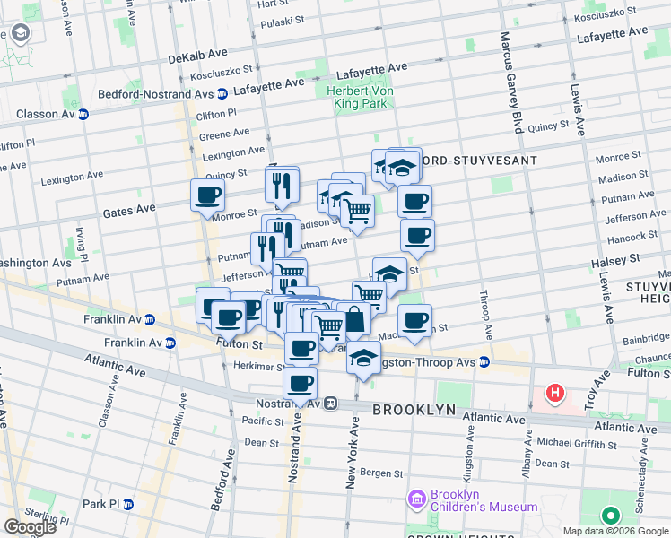map of restaurants, bars, coffee shops, grocery stores, and more near 246 Jefferson Avenue in Brooklyn