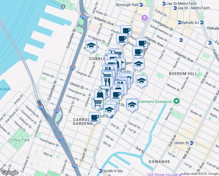 map of restaurants, bars, coffee shops, grocery stores, and more near 313 Sackett Street in Brooklyn