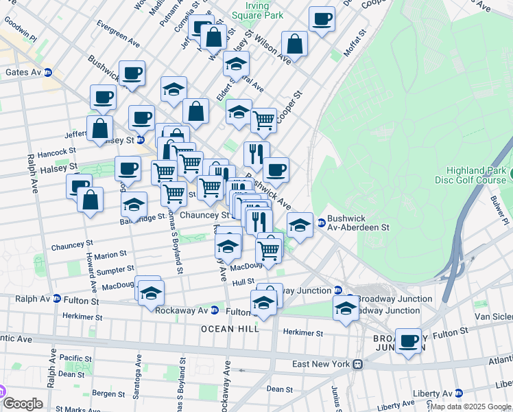 map of restaurants, bars, coffee shops, grocery stores, and more near 648 Chauncey Street in Brooklyn