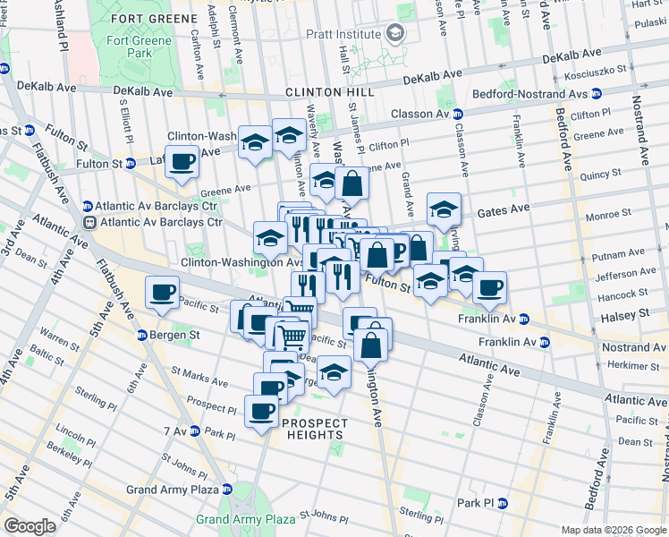 map of restaurants, bars, coffee shops, grocery stores, and more near Fulton Street & Waverly Avenue in Brooklyn