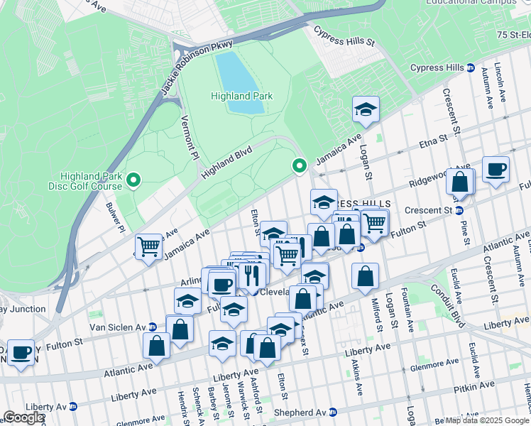map of restaurants, bars, coffee shops, grocery stores, and more near 95 Ridgewood Avenue in Brooklyn
