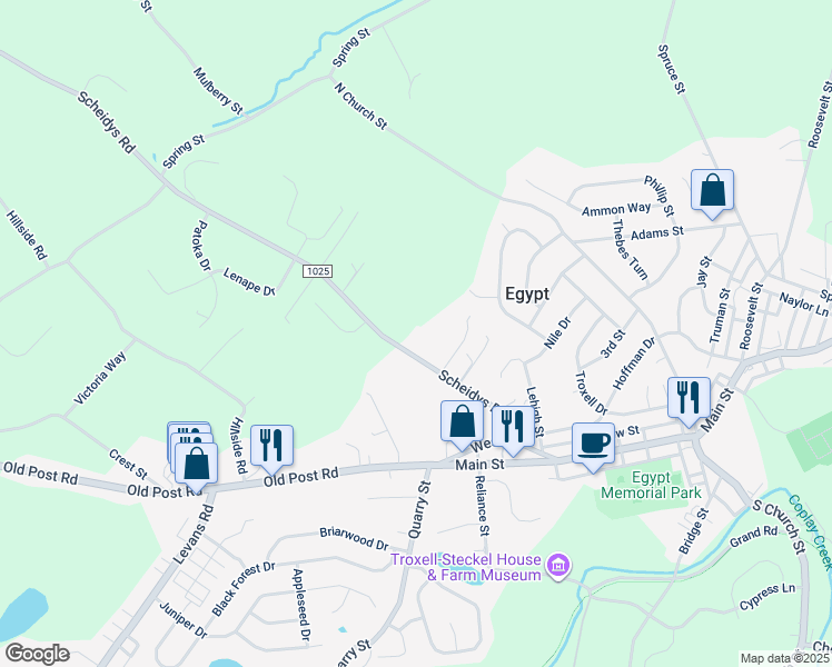 map of restaurants, bars, coffee shops, grocery stores, and more near 4187 Scheidys Road in Lehigh County