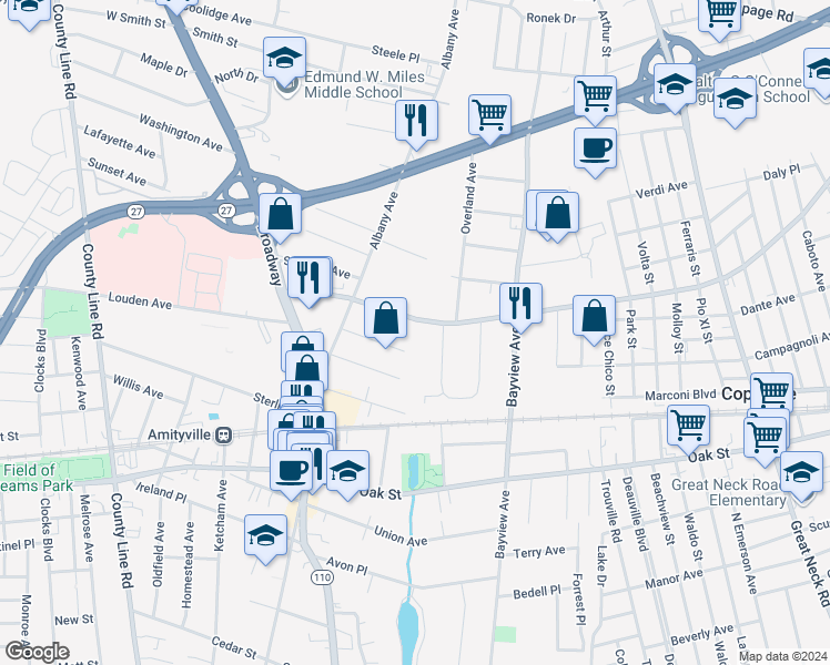 map of restaurants, bars, coffee shops, grocery stores, and more near 151 Dixon Avenue in Amityville
