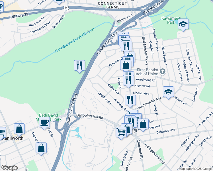 map of restaurants, bars, coffee shops, grocery stores, and more near 533 Winthrop Road in Union