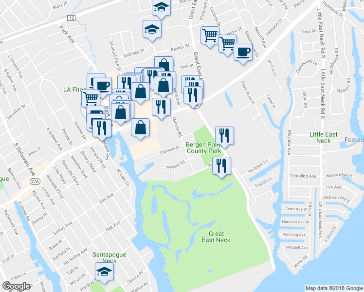 map of restaurants, bars, coffee shops, grocery stores, and more near 18 Captains Drive in West Babylon