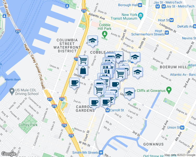 map of restaurants, bars, coffee shops, grocery stores, and more near 276 Sackett Street in Brooklyn