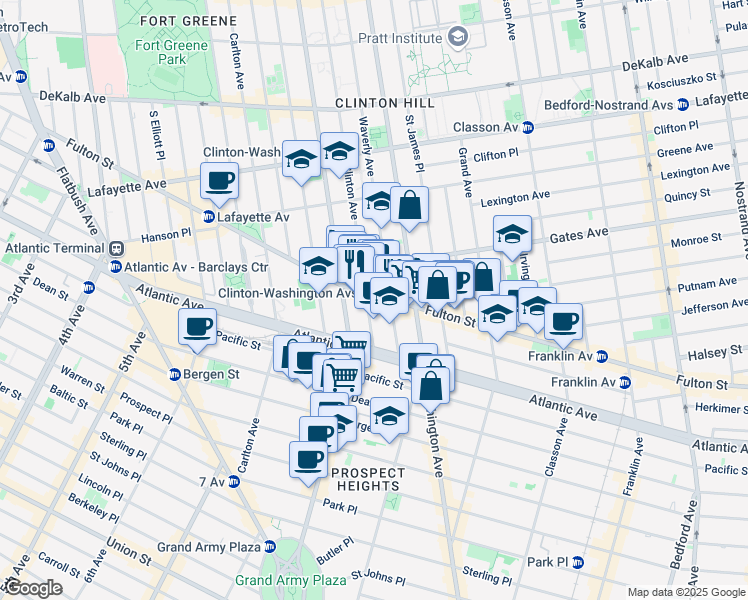 map of restaurants, bars, coffee shops, grocery stores, and more near 864 Fulton Street in Brooklyn