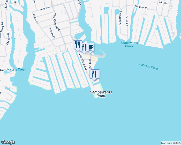 map of restaurants, bars, coffee shops, grocery stores, and more near 56 Yacht Club Road in Babylon
