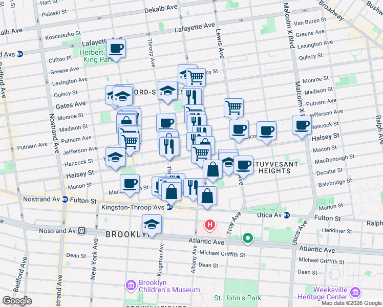 map of restaurants, bars, coffee shops, grocery stores, and more near 333A Halsey Street in Brooklyn