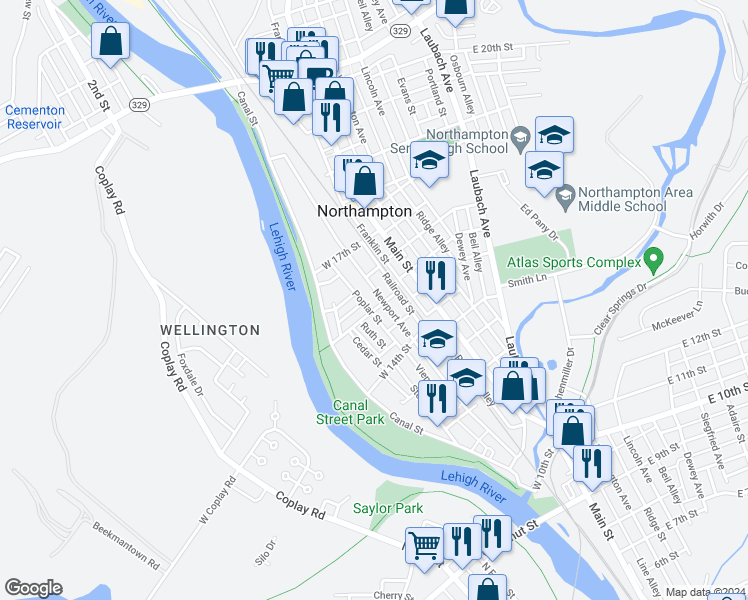 map of restaurants, bars, coffee shops, grocery stores, and more near 1606 Newport Avenue in Northampton