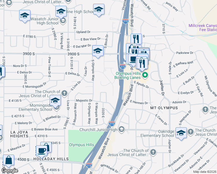 map of restaurants, bars, coffee shops, grocery stores, and more near 3348 Splendor Circle in Salt Lake City