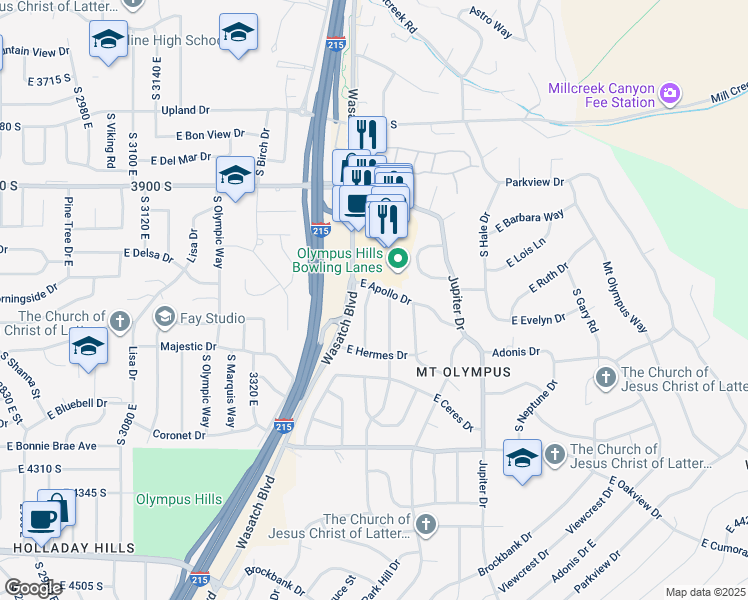 map of restaurants, bars, coffee shops, grocery stores, and more near 4069 South Diana Way in Salt Lake City
