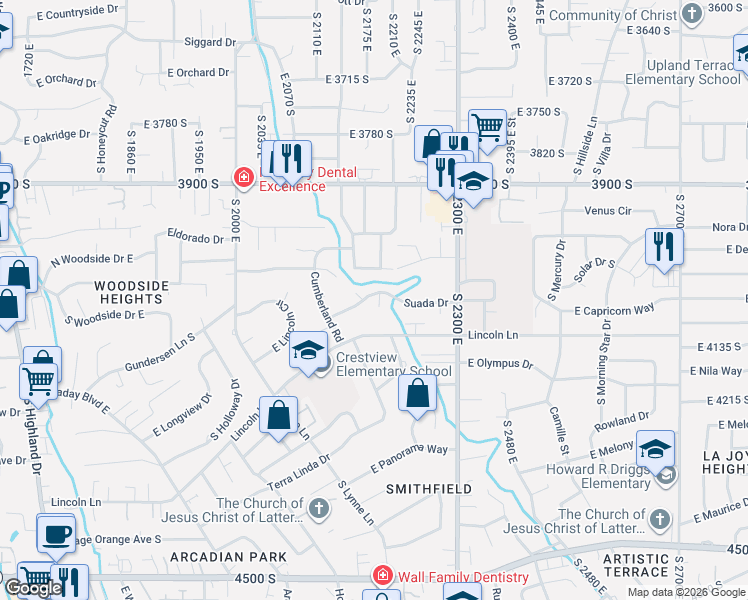 map of restaurants, bars, coffee shops, grocery stores, and more near 4072 South Suada Circle in Holladay