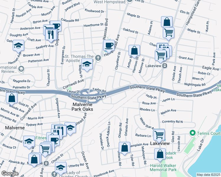 map of restaurants, bars, coffee shops, grocery stores, and more near 197 Taylor Road in West Hempstead