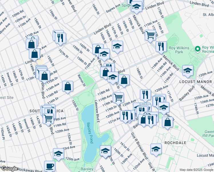 map of restaurants, bars, coffee shops, grocery stores, and more near 161-14 118th Avenue in Queens