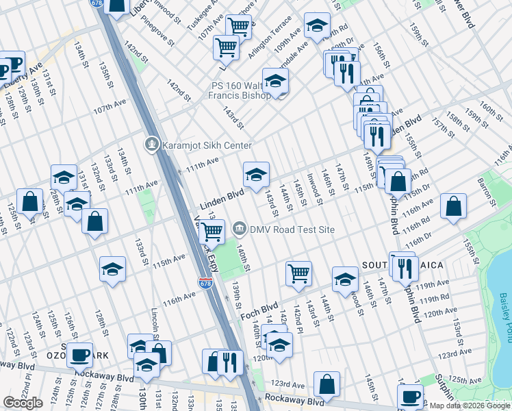 map of restaurants, bars, coffee shops, grocery stores, and more near 114-36 142nd Street in Queens