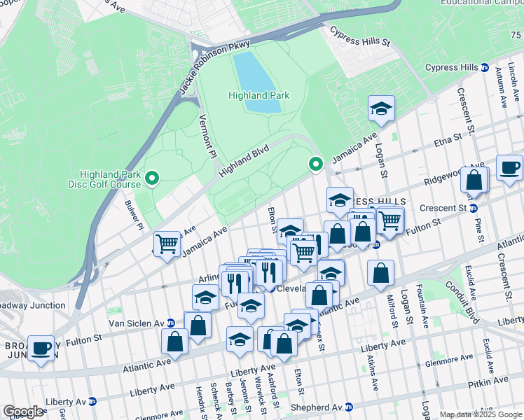 map of restaurants, bars, coffee shops, grocery stores, and more near 95 Ridgewood Avenue in Brooklyn