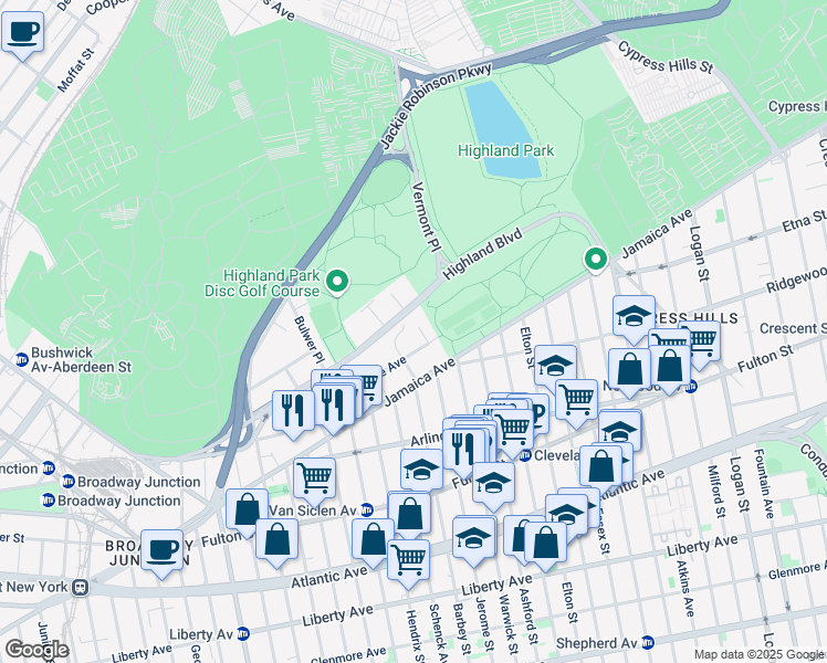 map of restaurants, bars, coffee shops, grocery stores, and more near 209 Sunnyside Avenue in Brooklyn