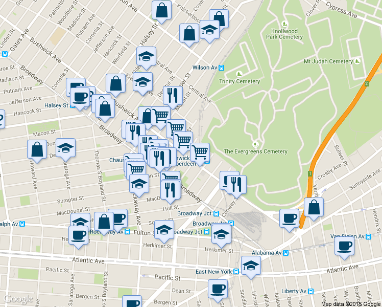 map of restaurants, bars, coffee shops, grocery stores, and more near 1503 Bushwick Avenue in Brooklyn