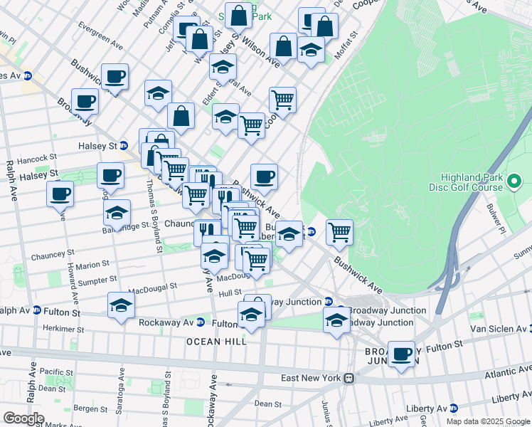 map of restaurants, bars, coffee shops, grocery stores, and more near 1469 Bushwick Avenue in Brooklyn