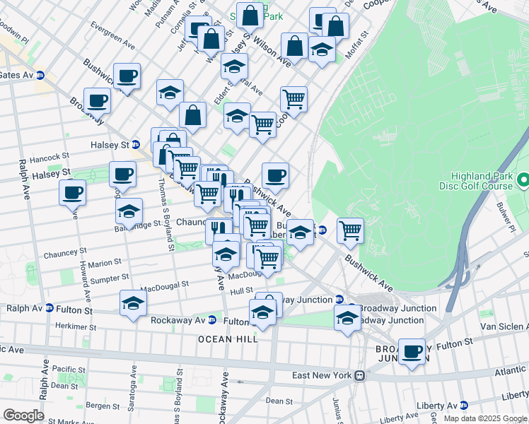 map of restaurants, bars, coffee shops, grocery stores, and more near 1469 Bushwick Avenue in Brooklyn