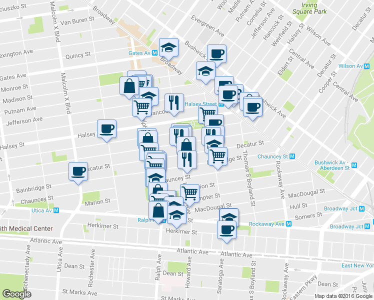 map of restaurants, bars, coffee shops, grocery stores, and more near 160 Howard Avenue in Brooklyn