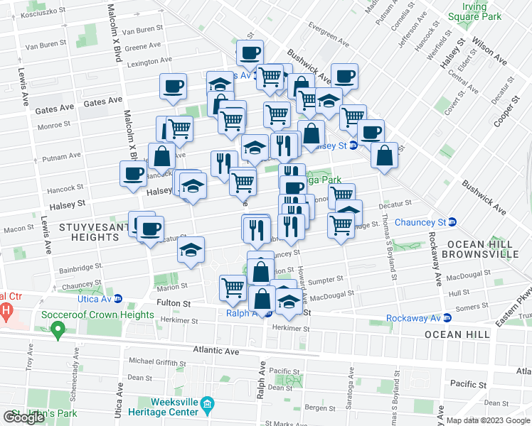 map of restaurants, bars, coffee shops, grocery stores, and more near 545 Decatur Street in Brooklyn