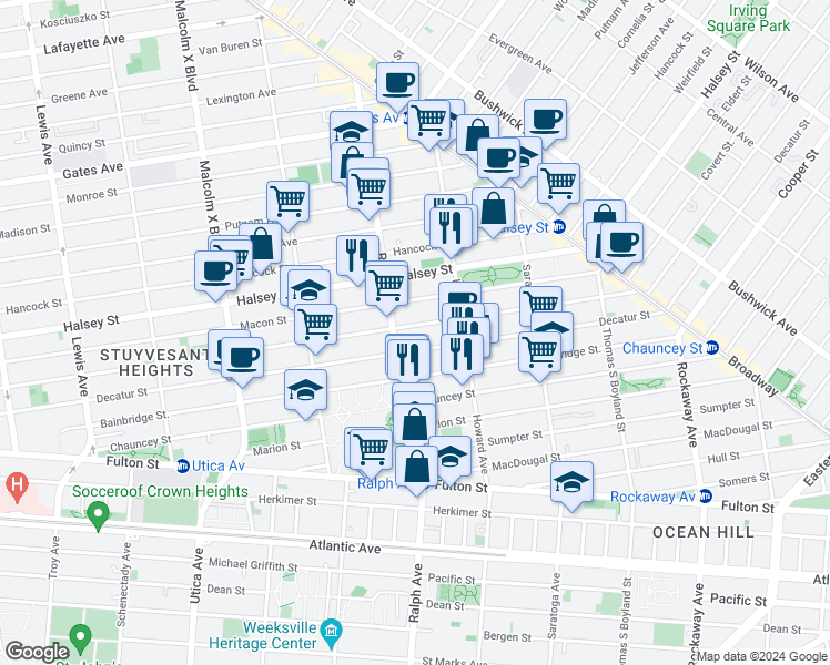 map of restaurants, bars, coffee shops, grocery stores, and more near 545 Decatur Street in Brooklyn