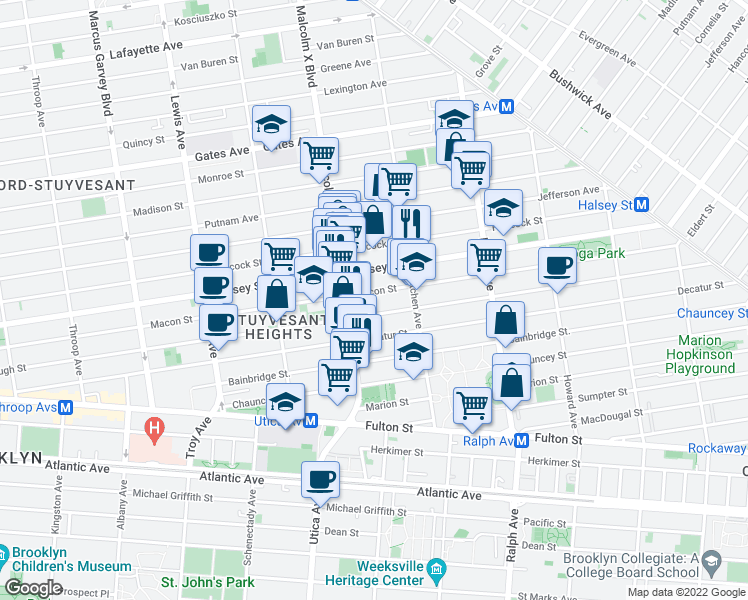 map of restaurants, bars, coffee shops, grocery stores, and more near 463 MacDonough Street in Brooklyn