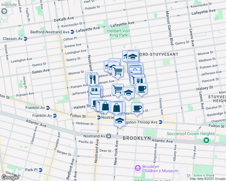 map of restaurants, bars, coffee shops, grocery stores, and more near 231 Hancock Street in Brooklyn