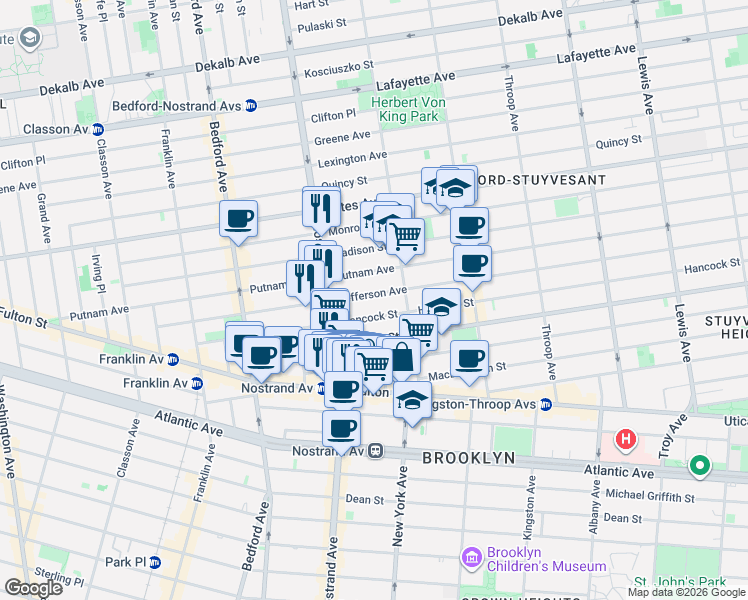 map of restaurants, bars, coffee shops, grocery stores, and more near 187 Hancock Street in Brooklyn