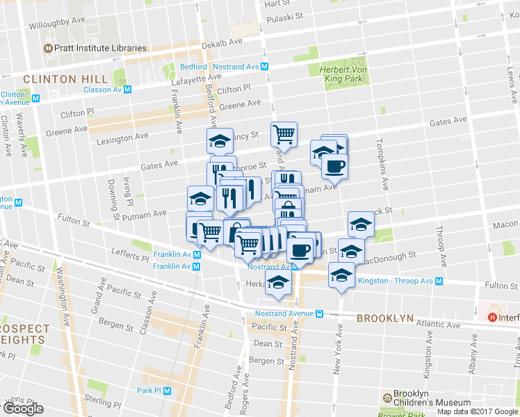 map of restaurants, bars, coffee shops, grocery stores, and more near 156 Jefferson Avenue in Brooklyn