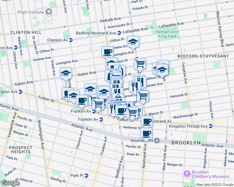 map of restaurants, bars, coffee shops, grocery stores, and more near 103 Jefferson Avenue in Brooklyn